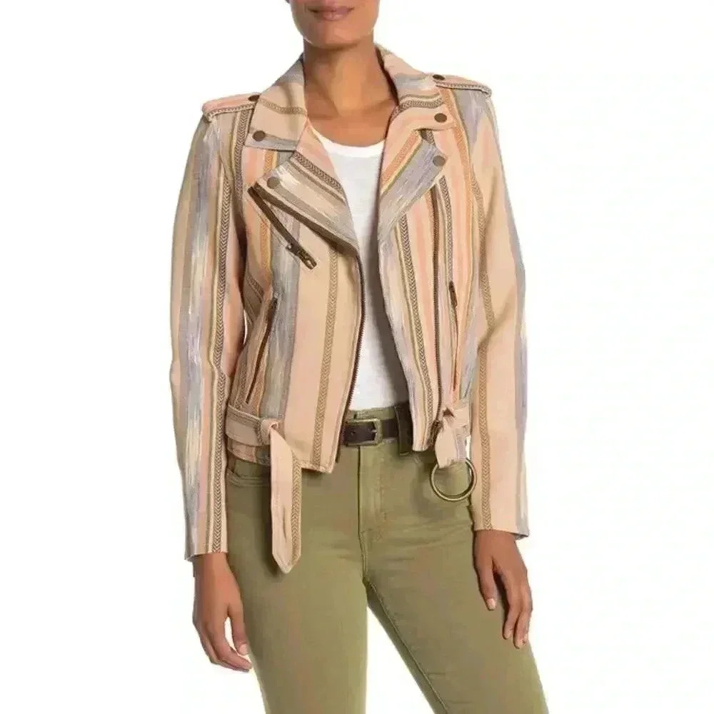 Frye‎ Carly Stripe Print Burlap Jacket Burlap